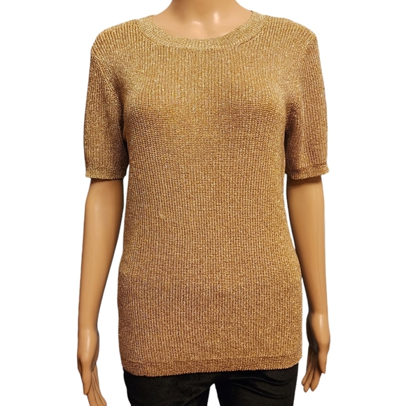 Vintage Gold Ribbed Stretchy Short Sleeve Sweater - Picture 1 of 9